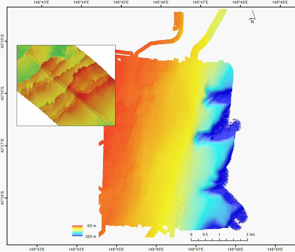 Bathymetry image showing areas of reef, sediment and canyons at Flinders Marine Park