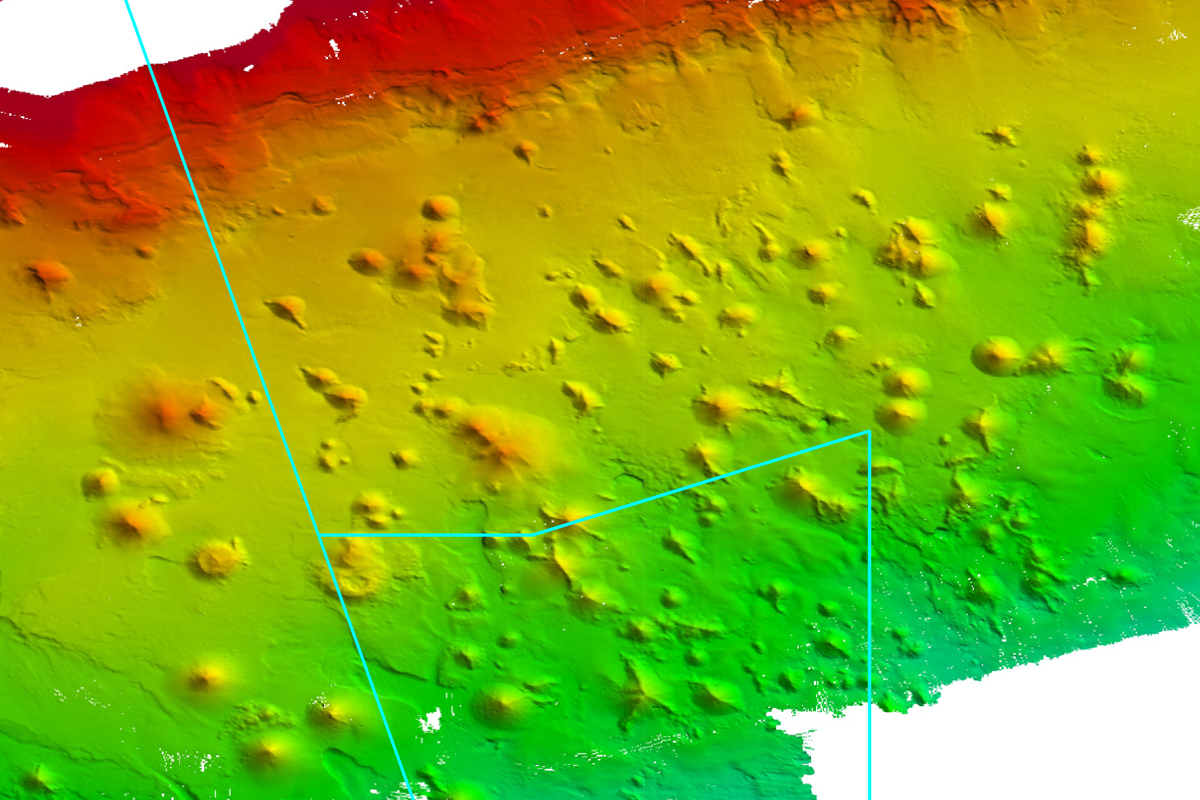 Seafloor bathymetry map showing seamounts in Huon Marine Park