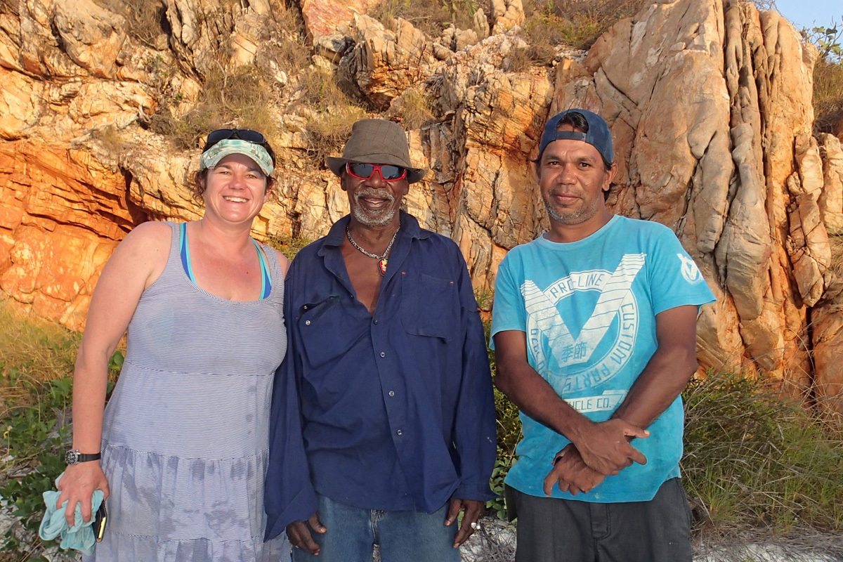 Kathryn McMahono of Edith Cowan University, and Mayala Traditional Owners Sandy and Alec Isaac at Silica Beach, Buccaneer Archipelago