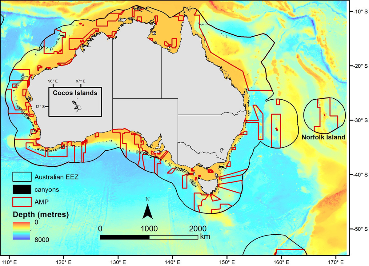Map showing submarine canyons and Australian Marine Parks