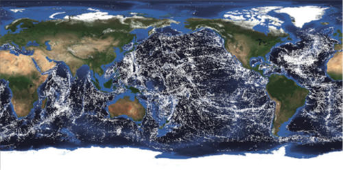 A map showing the global distribution of seamounts