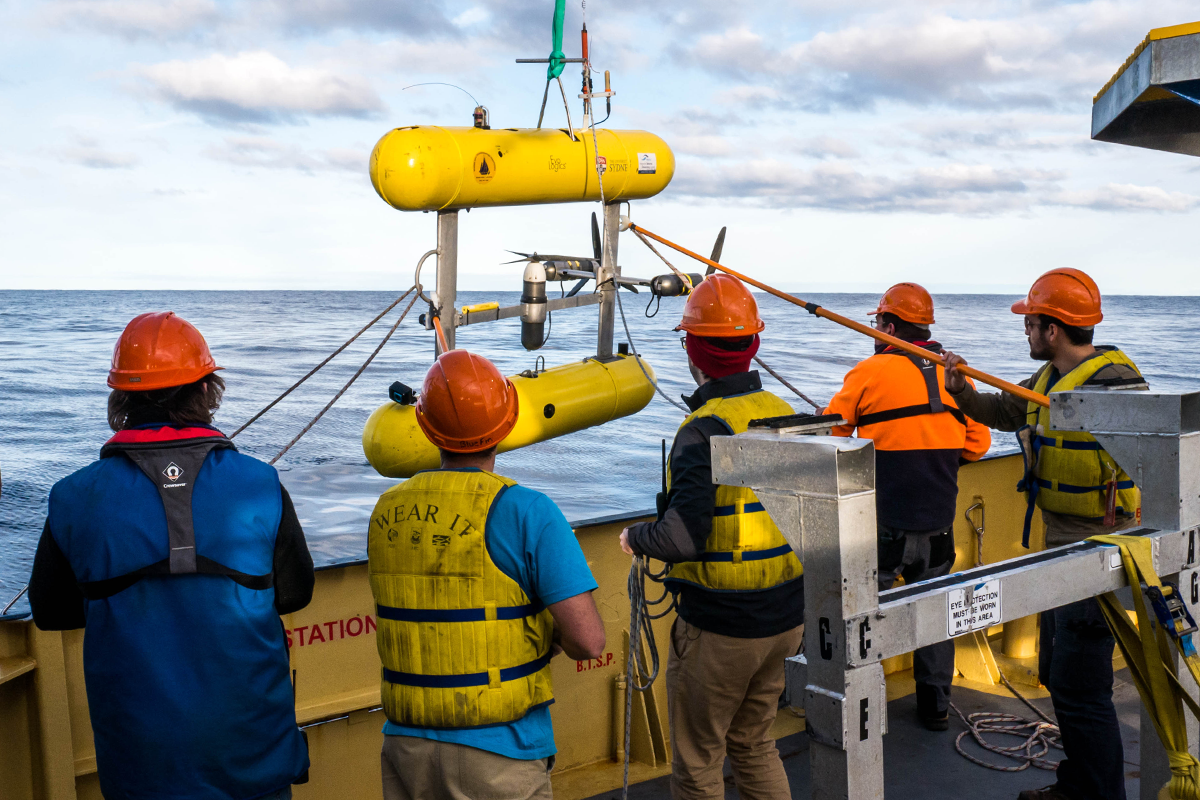 The autonomous underwater vehicle being deployed from the RV Bluefin