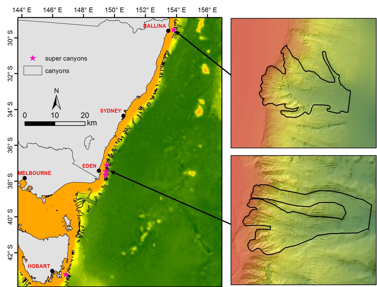 A map showing two submarine 'super canyons' off eastern Australia